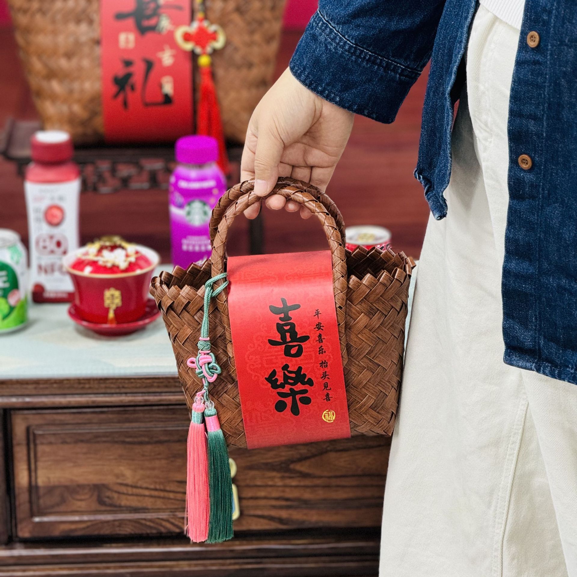 New Chinese Wedding Gift Packaging Birthday Hundred Days Accompanying Gift Bag for Moving Birthday Wedding Gift Box Woven Vegetable Basket