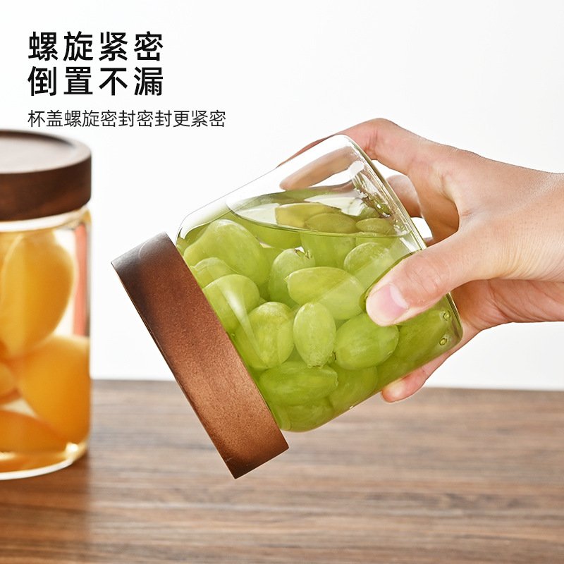 Acacia Wood Glass Storage Jar Kitchen Storage Scented Tea Coarse Grain Sealed Jar Food Grade Glass Bottle Household Storage Jar