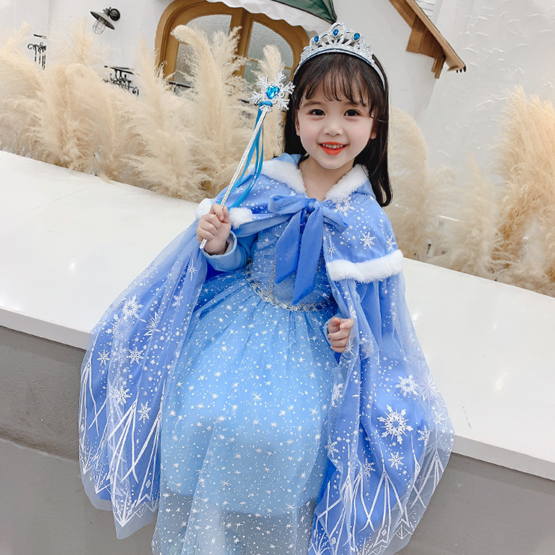 Girls Elsa Princess Velvet Thickened Cloak Cloak Frozen Cloak Shawl Girls Autumn and Winter Lace up Waistcoat