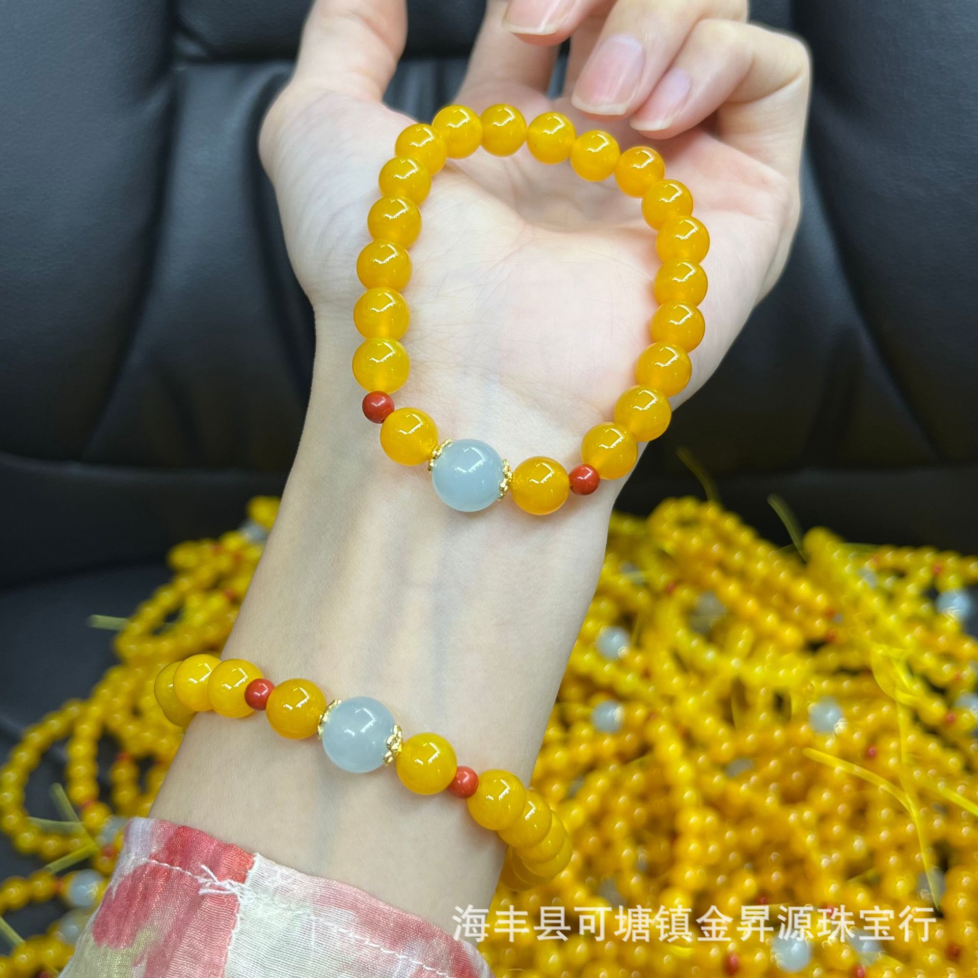 Natural Yellow Agate Chicken Oil Yellow Bracelet with Aquamaro South Red Bracelet Beeswax Factory Wholesale Live Explosions