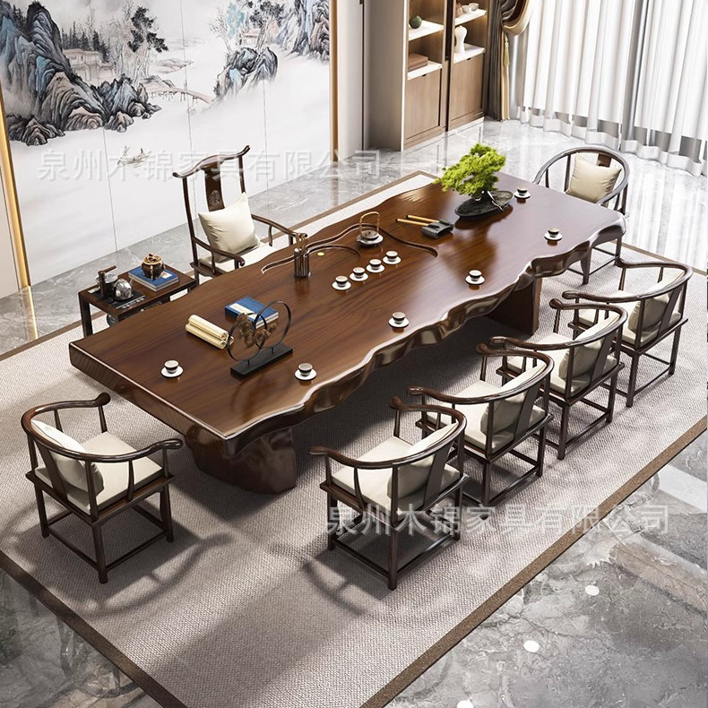 Large board solid wood tea table full set household new Chinese log 3 M whole board Tea Table Office negotiation tea table