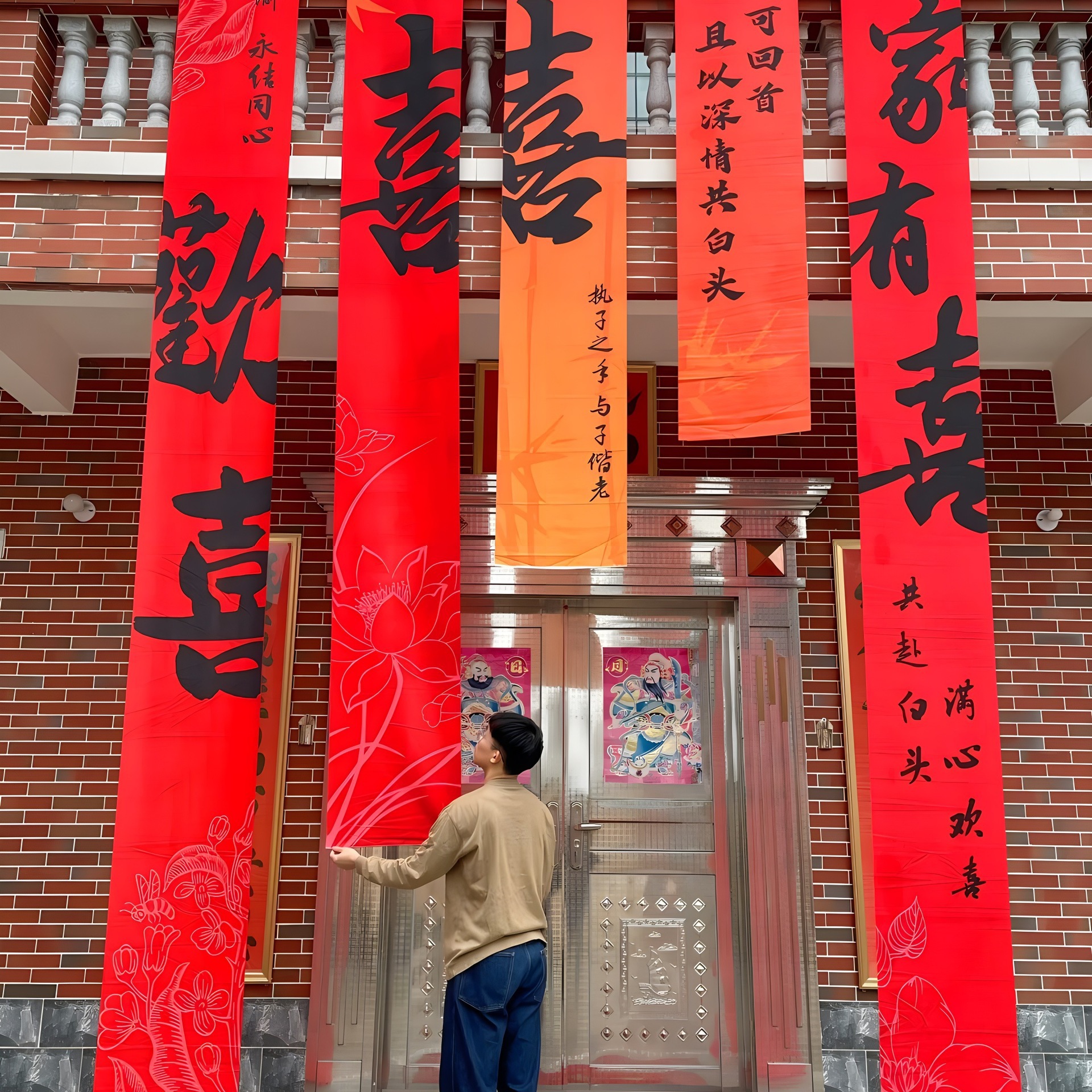 Courtyard Decoration for Rural Wedding House with "Double Happiness" Character Banners for Outdoor Wedding Decoration