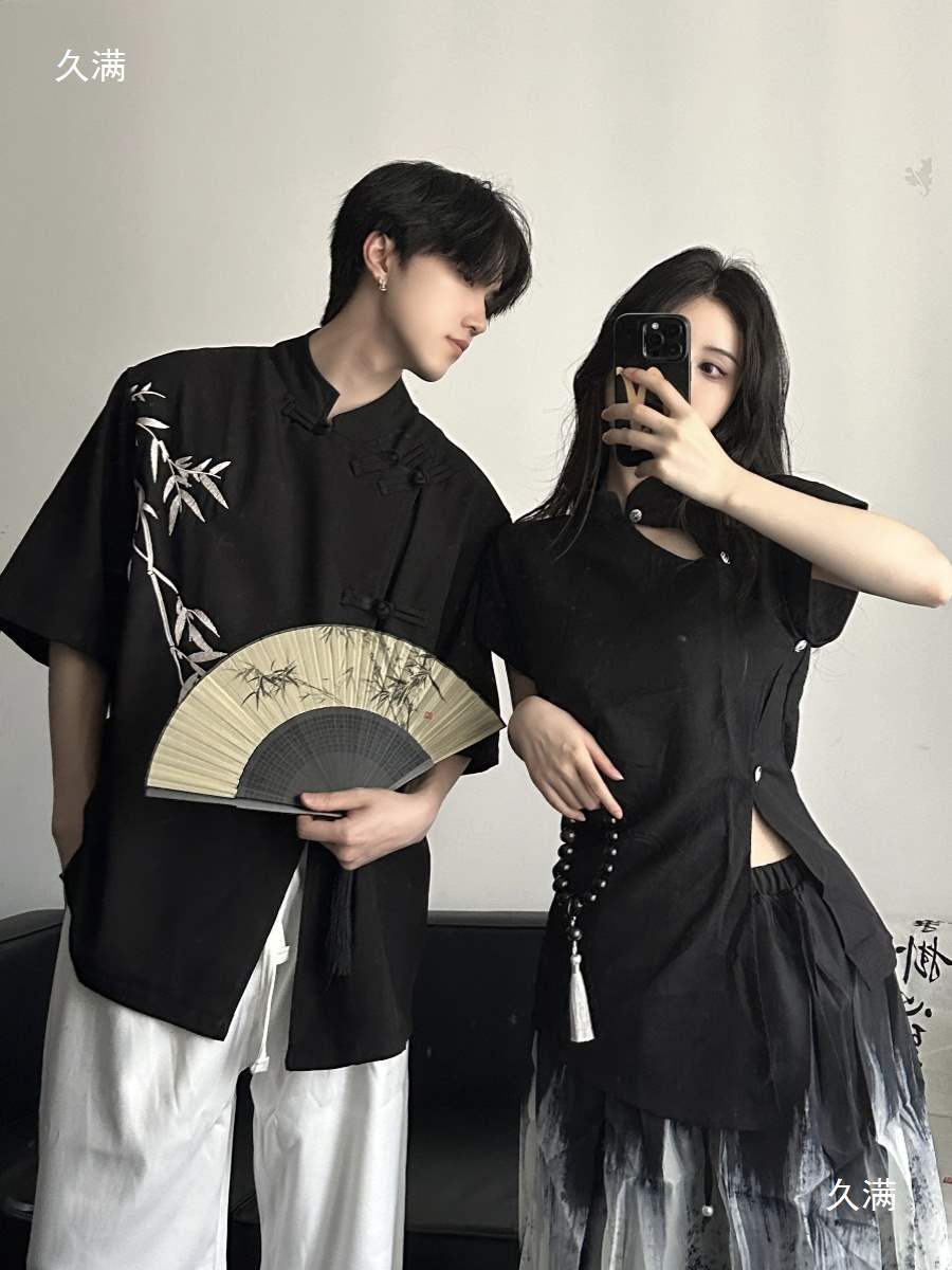 New Chinese Style Couple Outfit Junior High School Graduation Class Uniform Summer Bamboo Embroider Shirt Ink Painting Chorus Performance Uniform