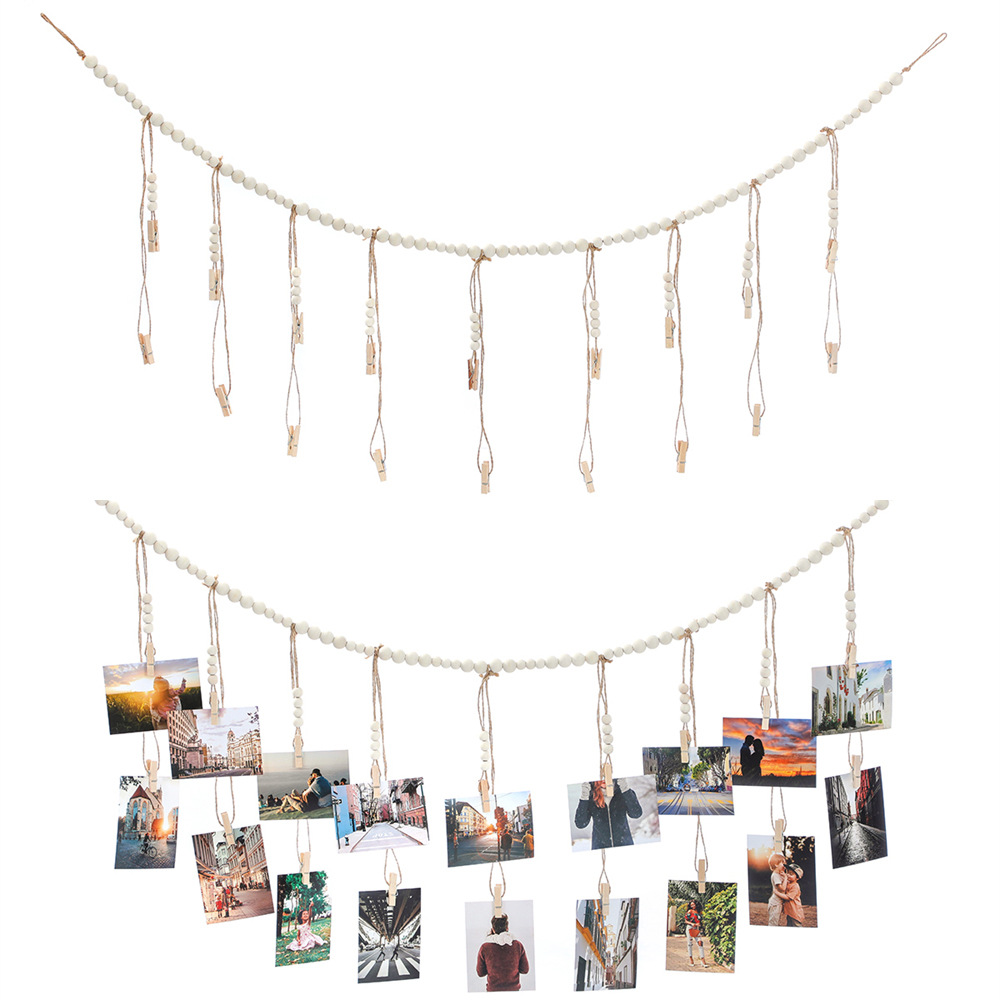 Wooden Beads Hanging Photo Display Log Color Wooden Beads Hemp Rope Tassel Wooden Clip Photo Storage Decoration