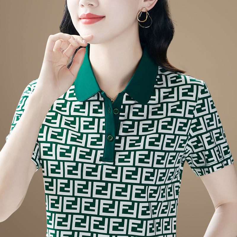 Women's Summer 2024 New Loose Slimming Polo Shirt Women's Printed Top