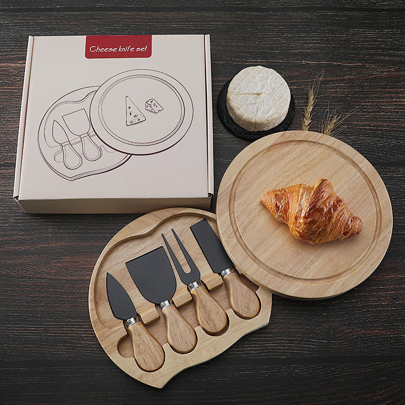 Cross-border round rubber wooden box 4-piece cheese knife shovel stainless steel cheese tool tableware cheese knife suit gift box
