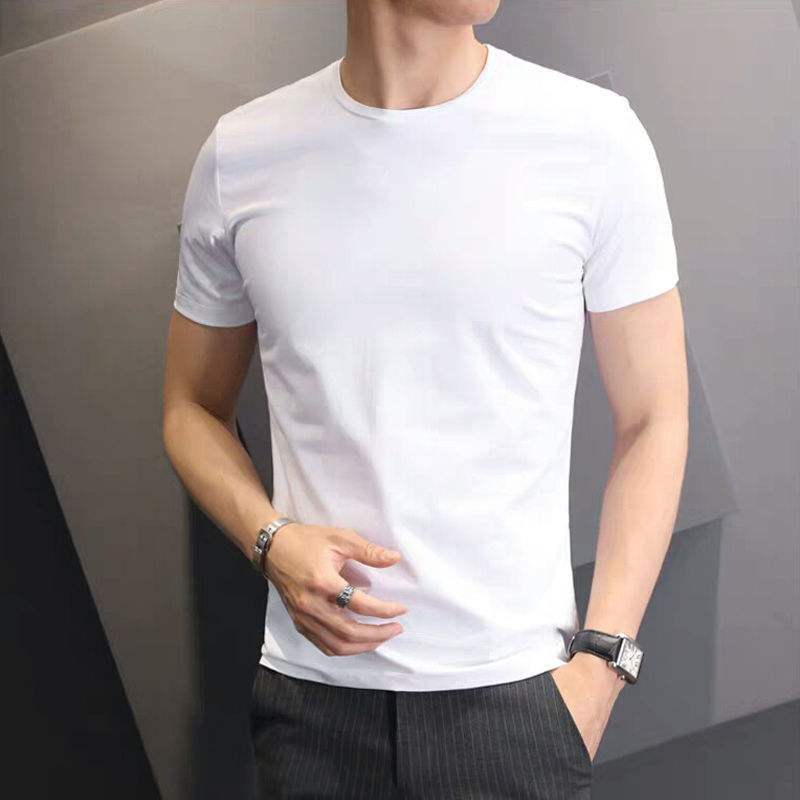 Summer Solid Color Men's Short-Sleeve T-Shirt Round Neck Half-Sleeve Top White Men's Base Shirt Slim Fit Trendy