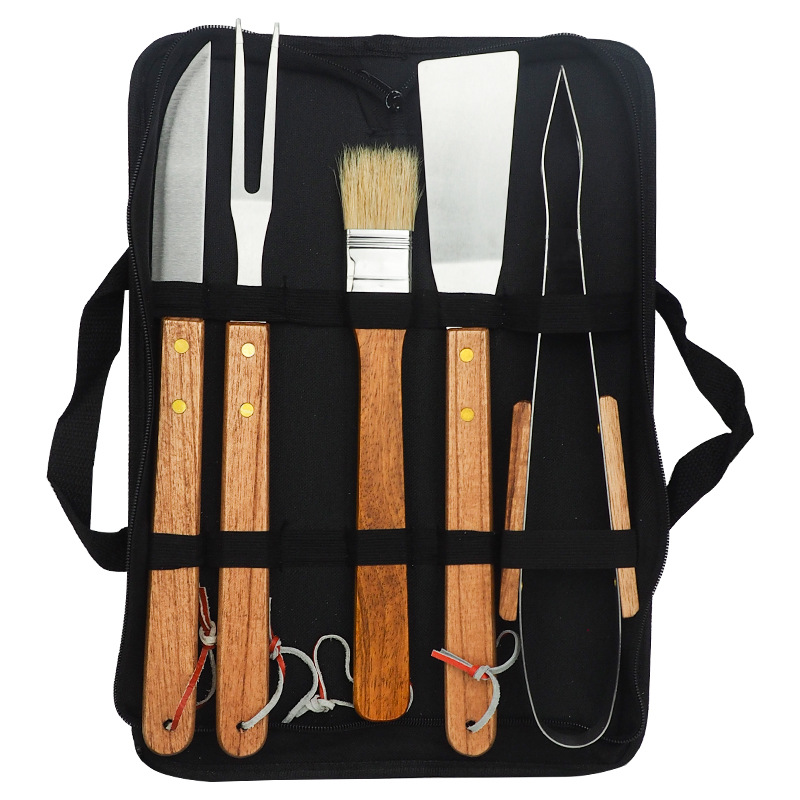 Barbecue utensils outdoor wooden handle barbecue tools stainless steel barbecue set of 6 Oxford cloth bags household BBQ Barbecue
