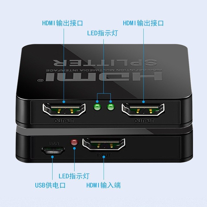 HDMI Splitter 4K One Input Two Output Monitor Dual Screen Simultaneous Display Laptop HDMI Splitter 4K