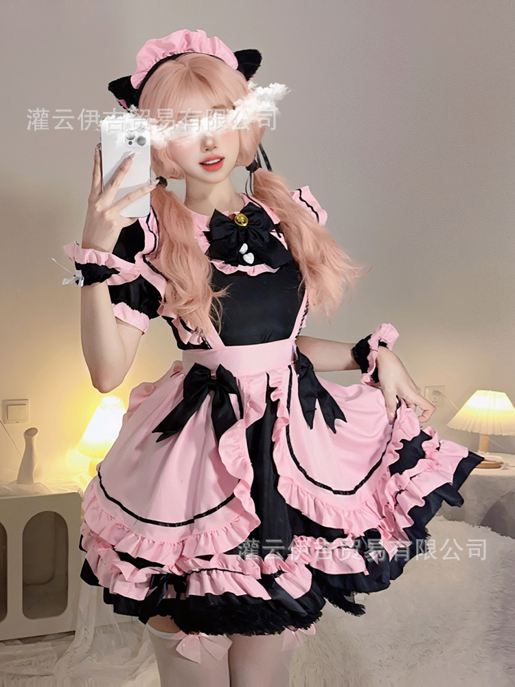 Sweet Black Pink Maid Cos Costume Lolita Soft Girl Dress Anime Heavy Industry Maid Lolita Skirt