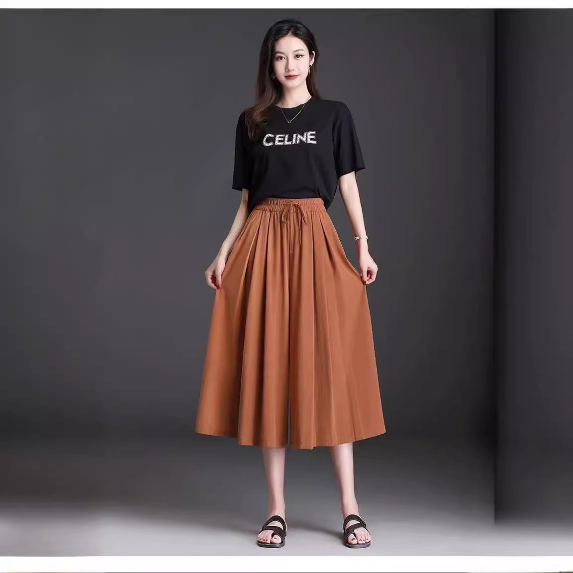 Широкие брюки из ледяного шелка, высокая талия, летние тонкие брюки для женщин, новые, укороченные повседневные брюки большого размера