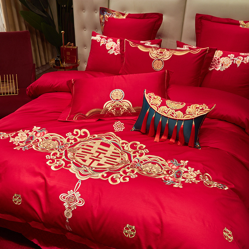 New Chinese-Style Wedding Pure Cotton Four-Piece Set, Bright Red with the Character for Happiness, All-Cotton Embroidery, Wedding Room Dowry, Eight-Piece Wedding Set with Dragon and Phoenix