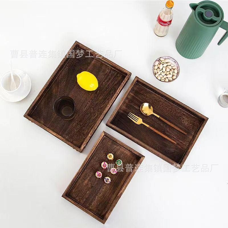 New Paulownia Wooden Tea Tray Creative Retro Wooden Tray Charcoal Burnt Paulownia Fruit Bread Wooden Tray