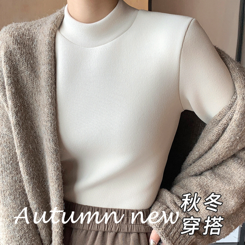 H331 Half-turtleneck Slim-fit Knit Base Shirt fleece-lined Warm Top Autumn and Winter Small turtleneck Women's Long Sleeve