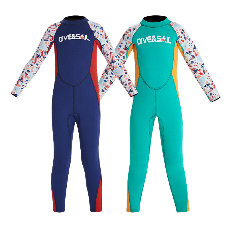 新款儿童保暖潜水服2.5MM连体长袖长裤潜水衣防寒游泳浮潜冲浪衣