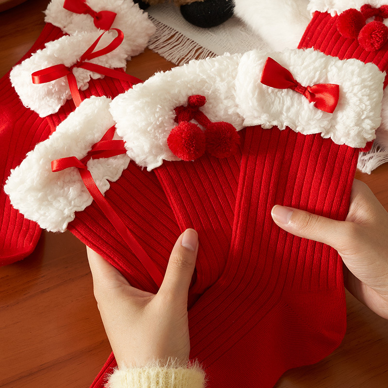 Benmingnian Socks Women's Autumn and Winter New Year's Velvet Socks Lace Bow Mid-barrel Lolita Red Mid-barrel Socks