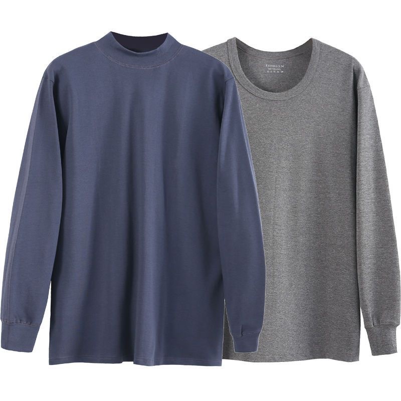 Осенний мужской топ с круглым вырезом, однотонная базовая футболка для пожилых людей, термобелье из хлопка