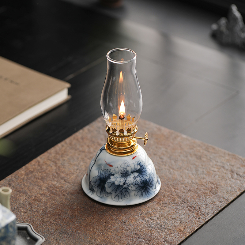 Lotus Pond Moonlight Ceramic Butter Lamp Atmosphere Lamp Ornaments Retro Long Bright Lamp Home Blue and white Camping Buddha Candle Holder