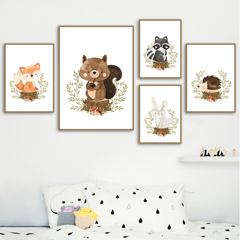 Nordic Simple Children's Room Decorative Painting Cartoon Hanging Painting Cute Animal Living Room Painting Core Modern Bedroom Fox Squirrel