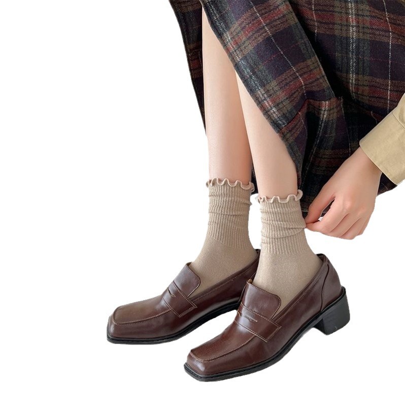 Socks women's mid-calf socks Spring and Autumn style wooden ear lace socks ins Japanese style all-match pile socks autumn and winter jk women's socks