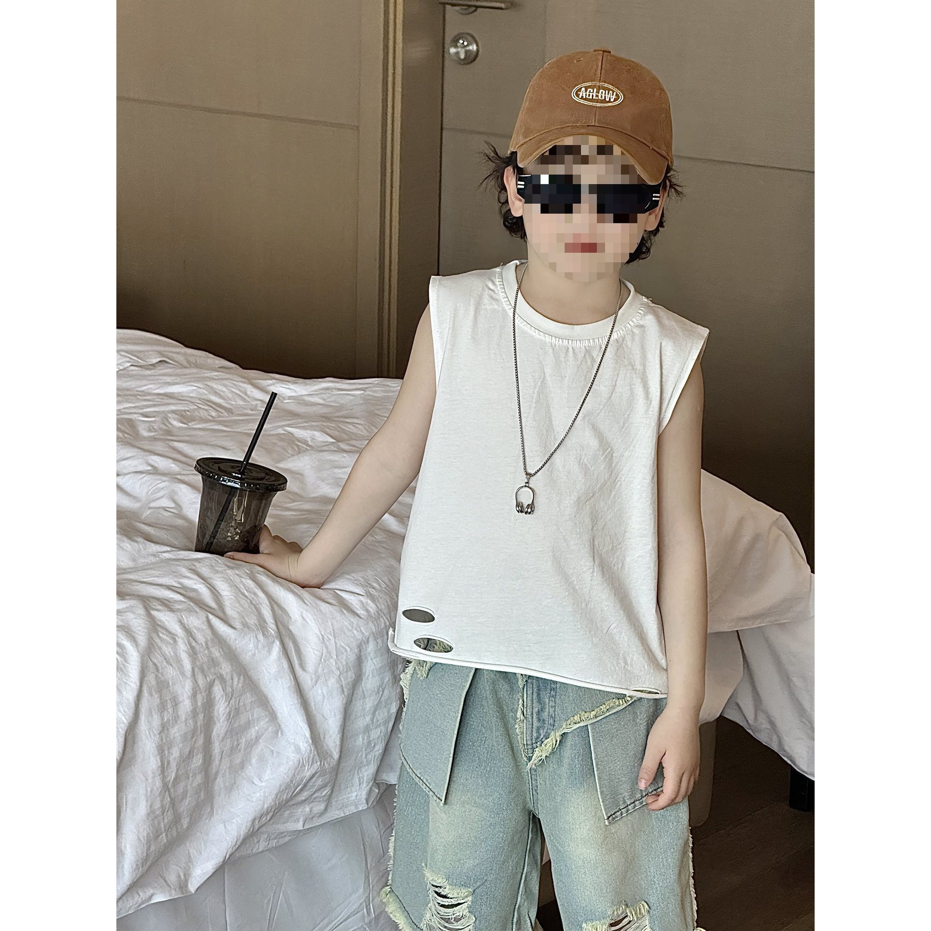 Boys' Short-Sleeved Shirt Summer Sleeveless Vest Suit Summer Children's Clothing Children's Boys Ripped Jeans Day