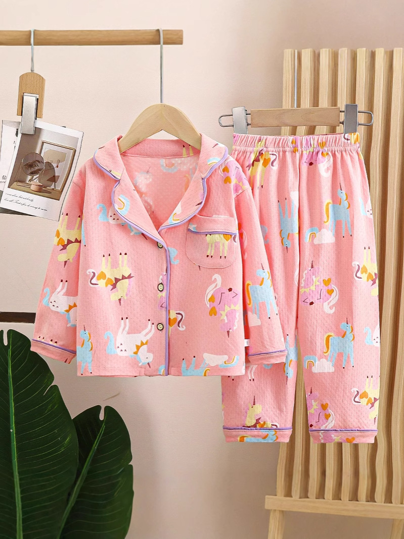 Cotton Children's Pajamas Spring and Autumn Lapel Long-sleeved Boys' Home Clothes suit Loose Big Children's and Girls' Air-conditioning Clothes