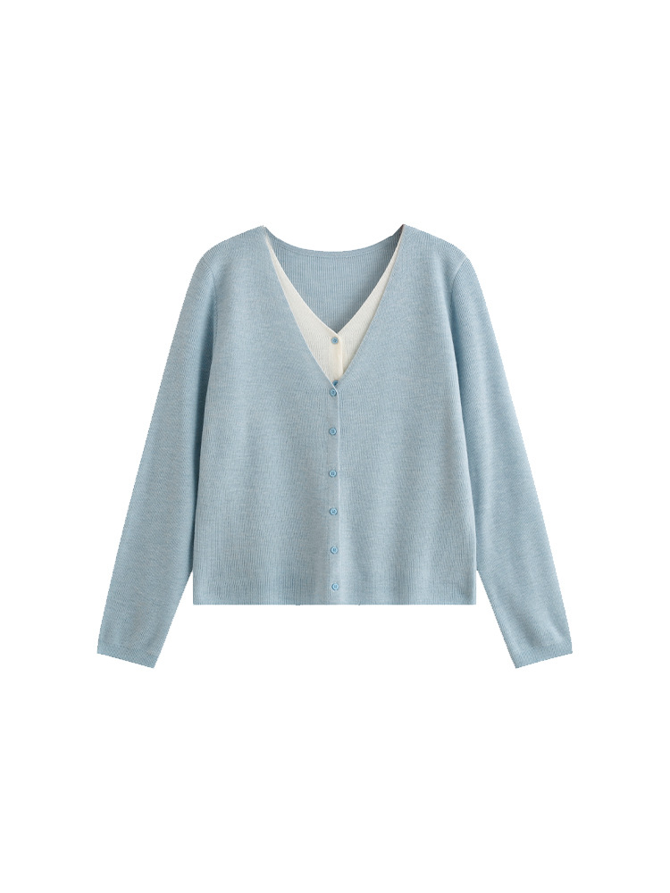 Plus Size Women's Fake Two-Piece Tops Women's Long-Sleeved Cardigan 2025 Autumn Fat mm Loose Versatile Knitwear 22868