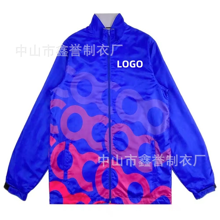 Custom Woven Sublimation Hooded Advertising Windbreaker Polyester Waterproof Outdoor Sport Jacket Embroidery Group Wear Silk Print