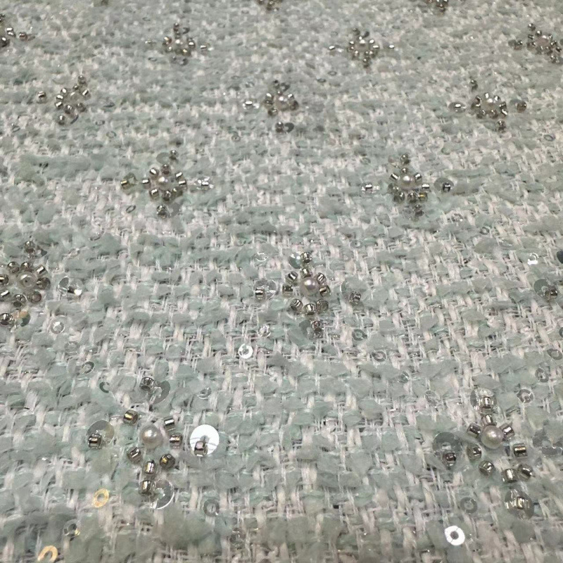 Trendy Tweed Fabric Wool Coarse Fabric with Gold Thread Bead Embroidery for Coats and Autumn/Winter Dresses with Gold Embroidery