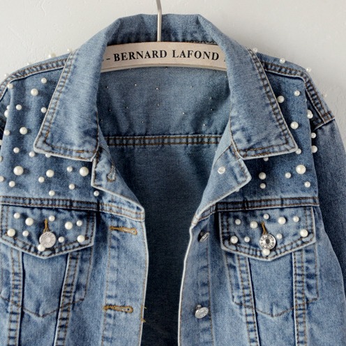 Denim Jacket Women's European Station Chubby Girl Plus Size Women's Beaded Diamond Coat Women's Student Light Blue Jacket Loose