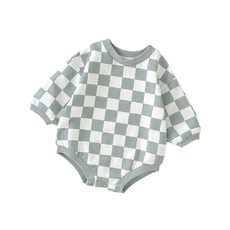 Foreign Trade Children's Sweatshirt Ins Crawling Suit Checkerboard Pattern Baby Jumpsuit Organic Cotton Baby Onesie
