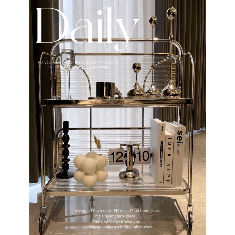 Middle Ages Cart Foldable Mobile Glass Cart Wine Dining Car Internet Celebrity Ins Transparent Glass Storage Side