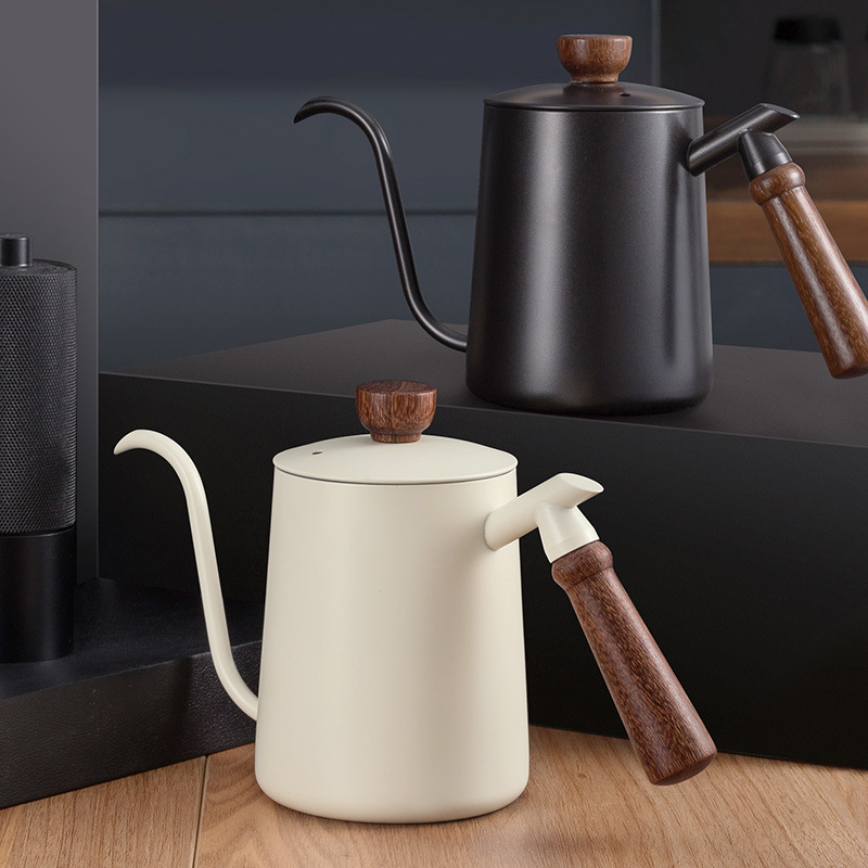 creamy-white 600ML Hand Pot Solid Wood Handle 304 Stainless Steel Thickened Material Coffee Hand Pot in stock