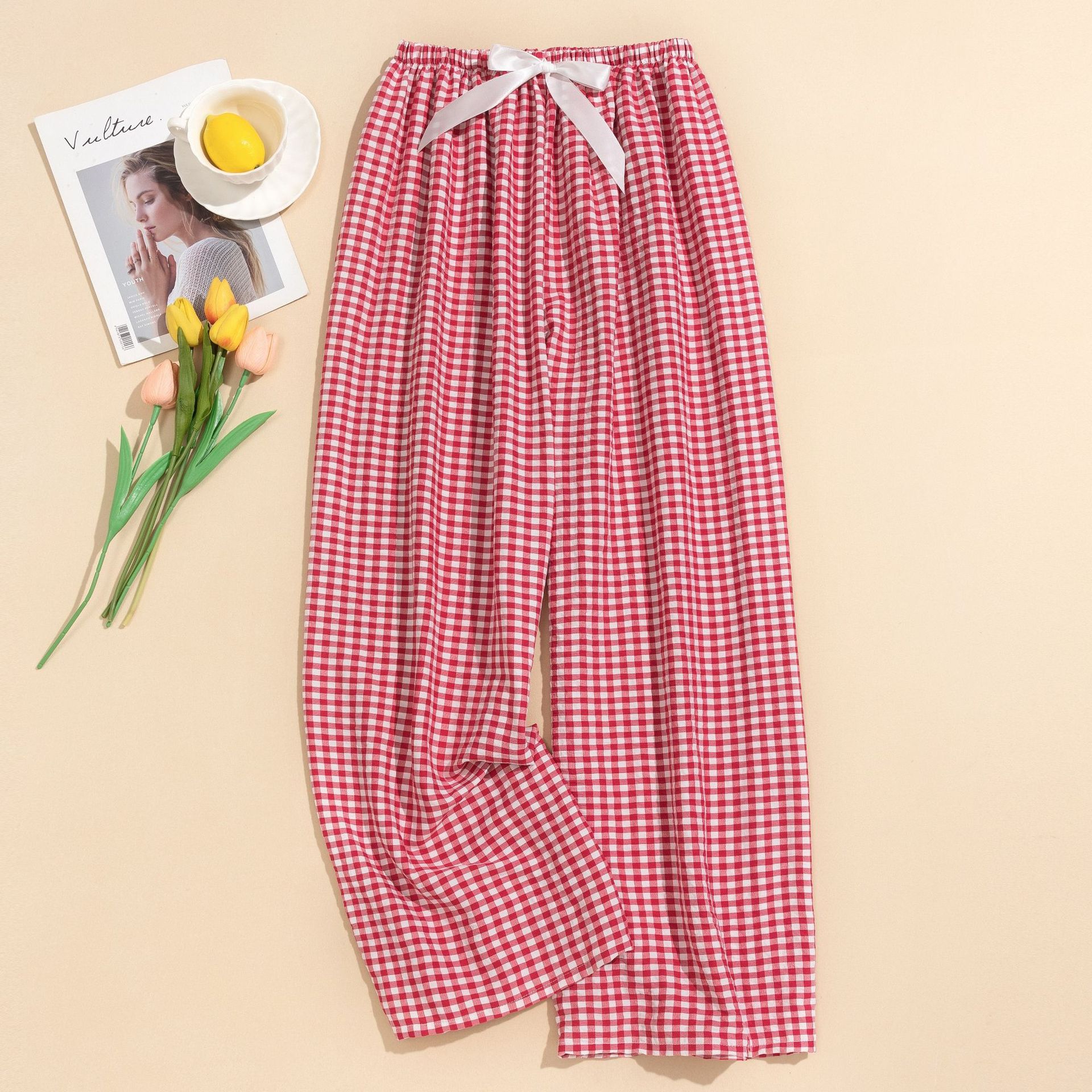 Cloud Cotton Pajama Pants Women's Summer New Style Plaid Home Pants Yarn-dyed Plaid Wide Leg Pants plus size Outer Wearing Pants