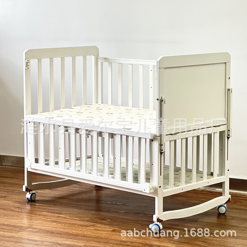 New White Crib Pine Children's Bed Can Be Longed Children's Spliced Bed Sleeping Board with Adjustable Height with Mosquito Net