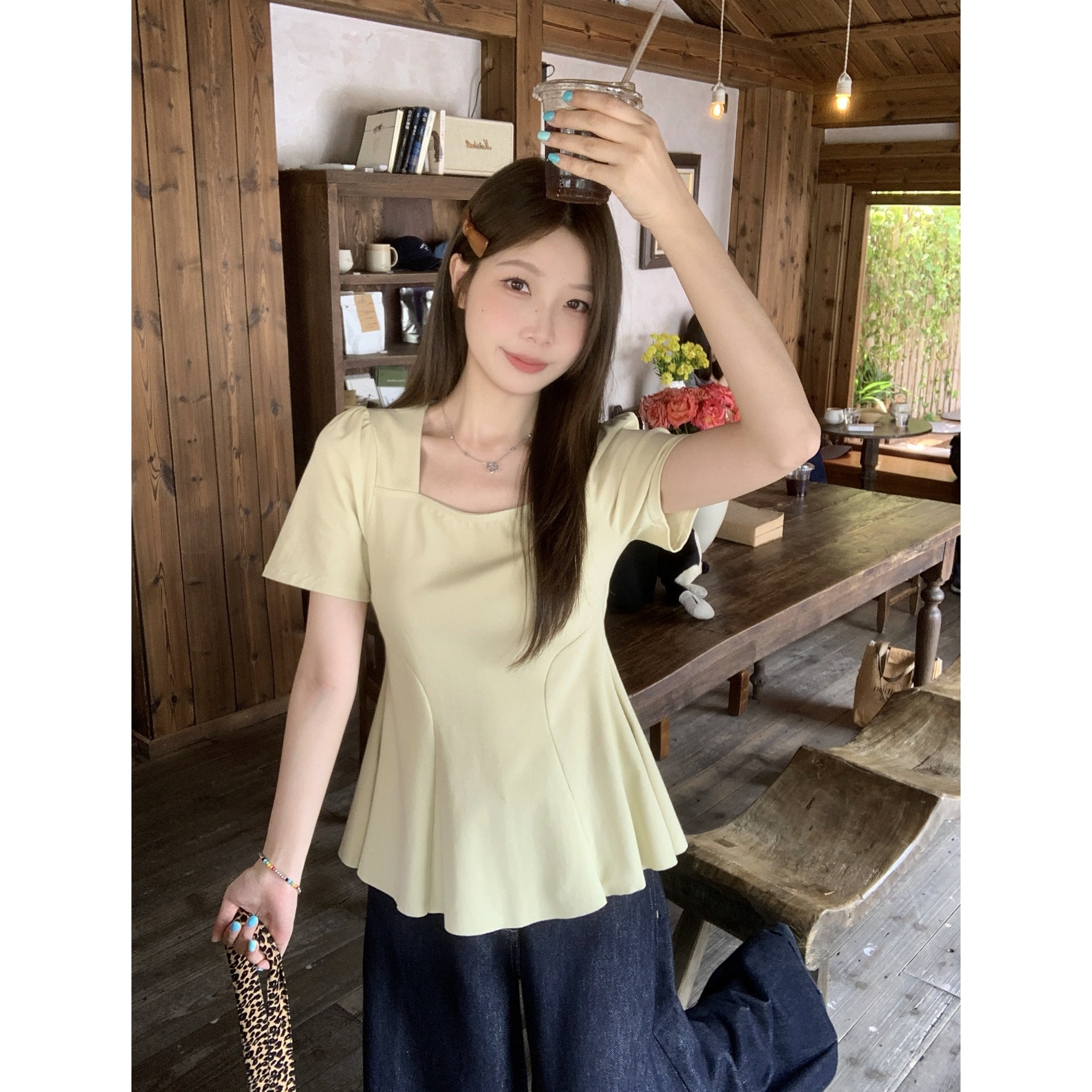 Real shot 2025 summer new chubby girl plus size waist pleated hem T-shirt pure square collar shoulder jacket 64582
