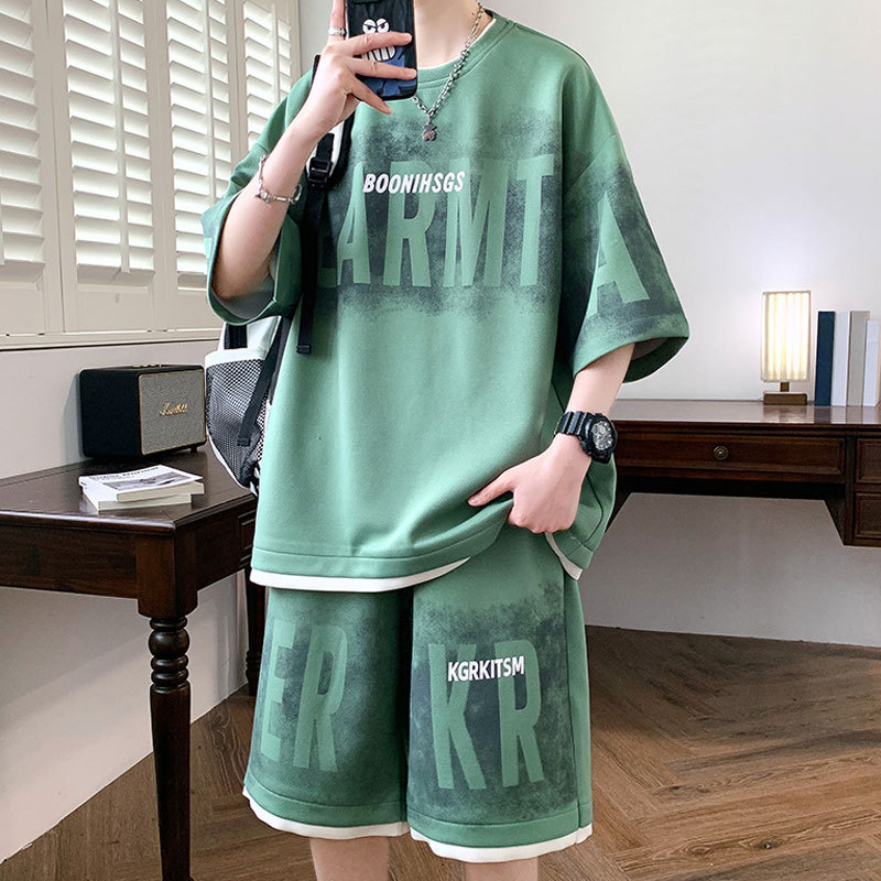 Men's Large Size Sports Suit Summer Ice Silk New Trendy Brand Fake Two-Piece Short-Sleeved Shorts Youth Casual Two-Piece