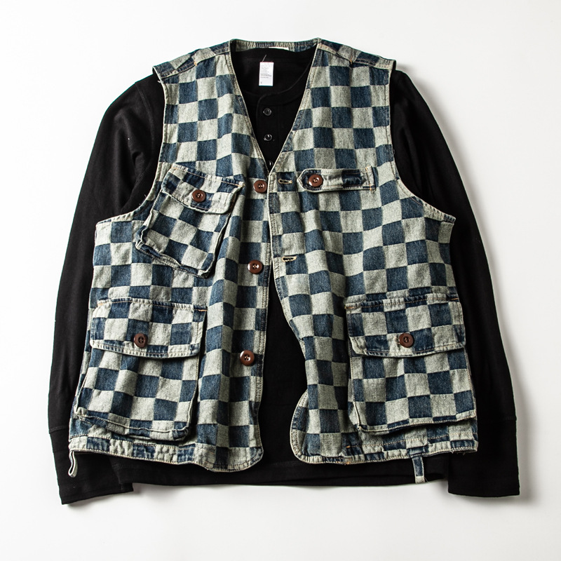 Japanese-Style Multi-Pocket Vintage Denim Motorcycle Washed Distressed Plaid Denim Work Vest Men's Loose Vest Jacket