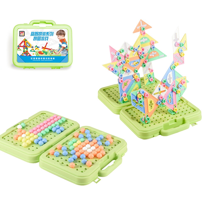 Children's early education educational DIY suitcase toolbox desktop assembly mushroom nail jigsaw puzzle toy wholesale
