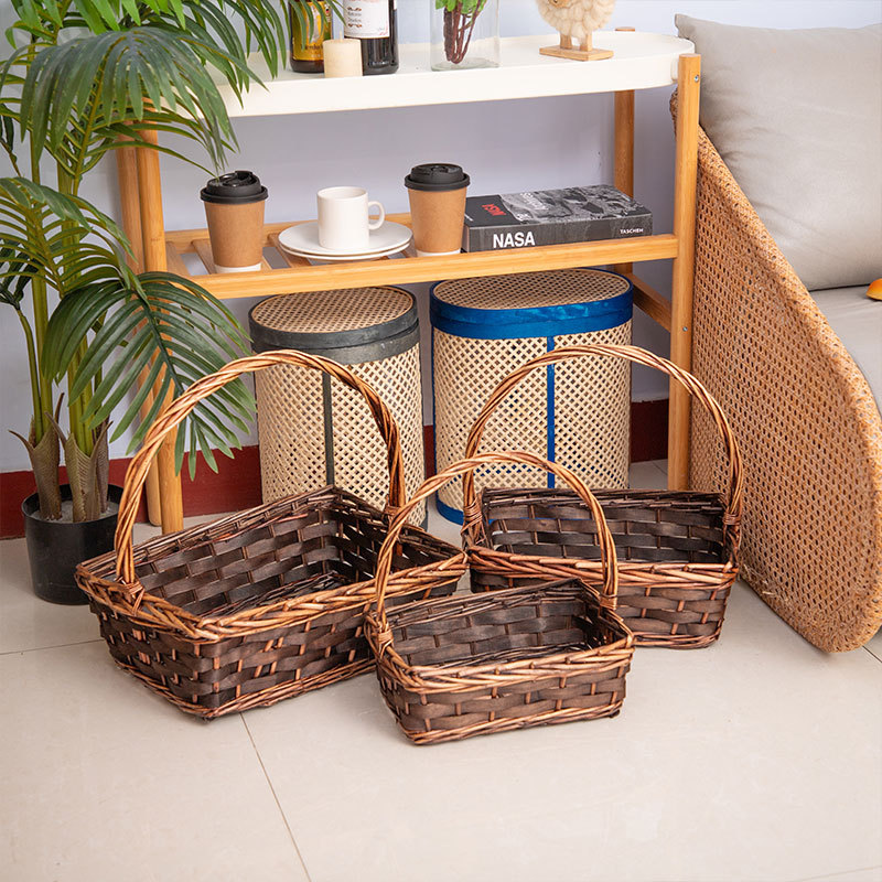 Индивидуальный набор из трех коричневых полированных прямоугольных итальянских корзин, стиль скандинавский, плетеные ручные корзины