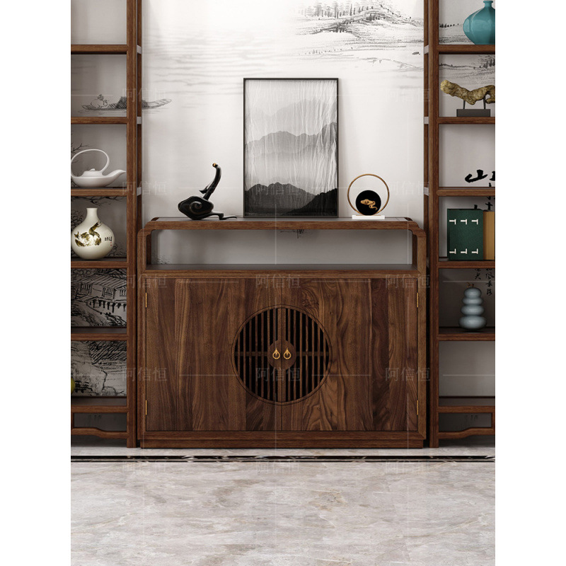 New Chinese Style Bookcase Bookshelf Combination Tea Cabinet Black Walnut Solid Wood Ancient Shelf Storage Cabinet High-End Furniture