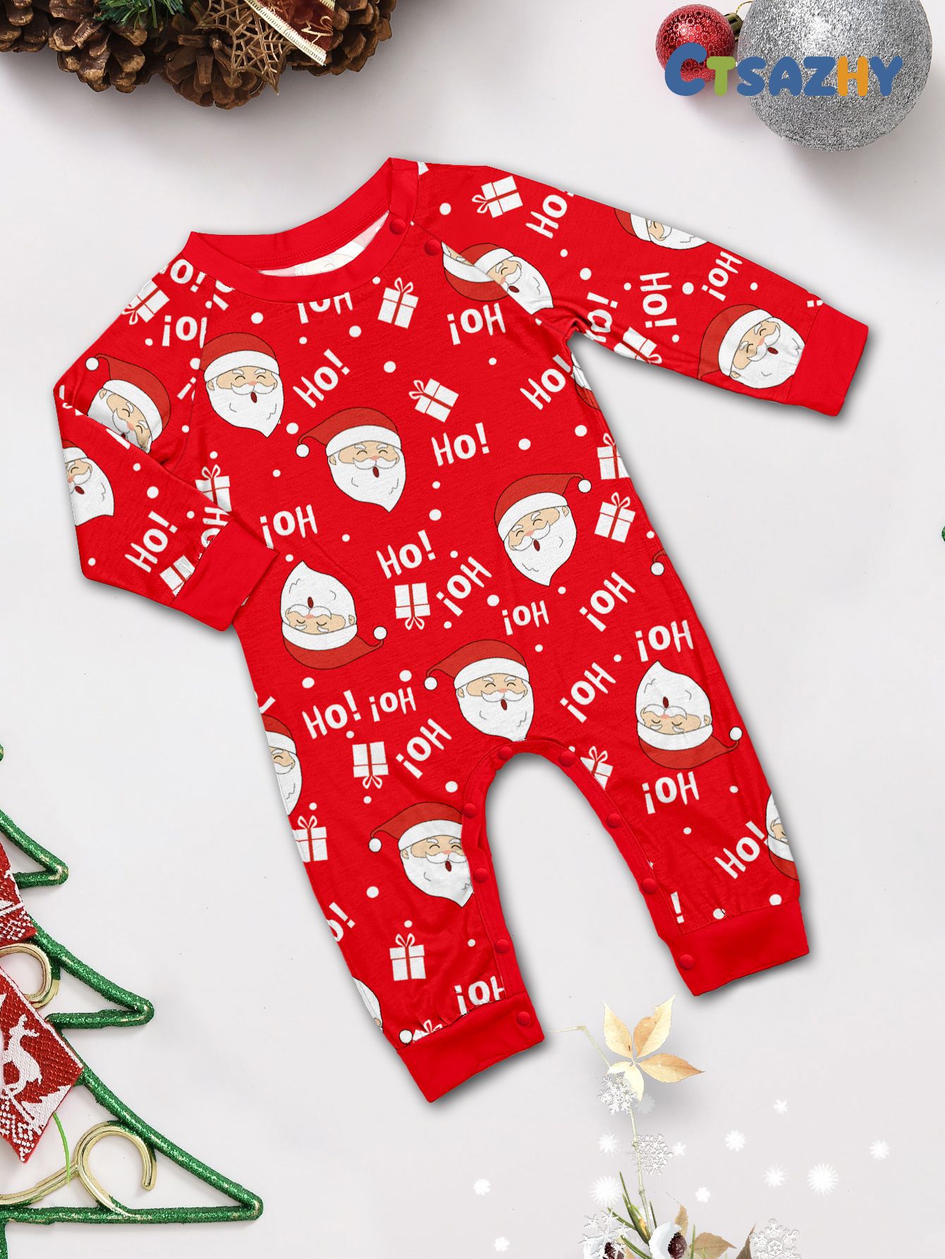 Foreign Trade European and American New Santa Claus Printed Round Neck Raglan Sleeves Red and White Contrasting Color Family Home Wear Pajamas Set
