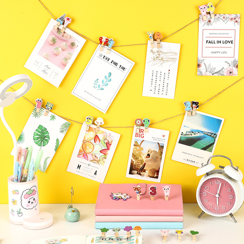 Kindergarten Classroom Photo Wooden Clip Colorful Cute Wooden Clip Wall Hanging Decorative Note Hemp Rope Clip Set Wholesale