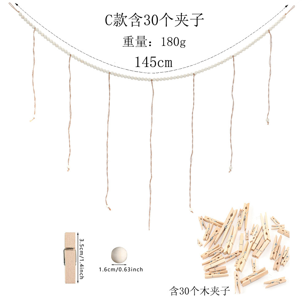 Wooden beads hanging photo display hemp rope original wood beads tassel clip photo frame storage wall decoration