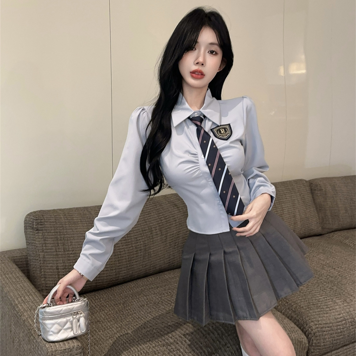 Korean Style Sweet JK Uniform College Style Navy Collar Bow Tight Waist Short Sleeve Shirt High Waist Pleated Skirt suit Summer