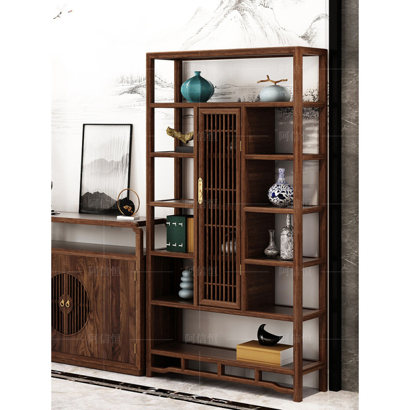 New Chinese Style Bookcase Bookshelf Combination Tea Cabinet Black Walnut Solid Wood Ancient Shelf Storage Cabinet High-End Furniture