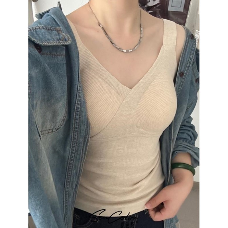 Autumn and winter warm new seamless cross V-neck sanding with breast pad latex fixed cup gathered wide shoulder strap vest for women