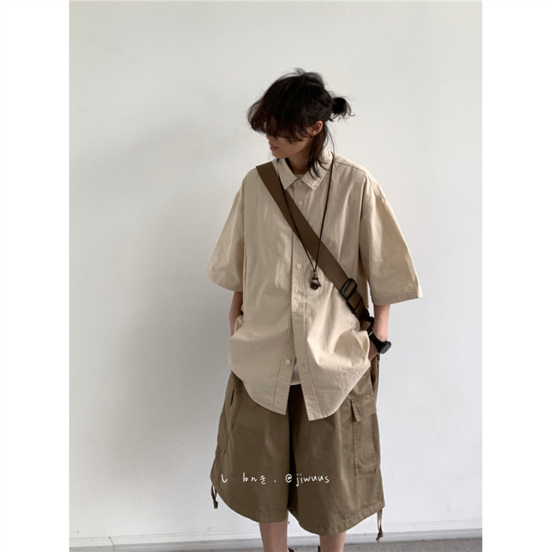 Jiwuus Summer Japanese Retro Tooling Short-sleeved Shirt All-match Loose Lazy Style Large Size Shirt for Men and Women Students