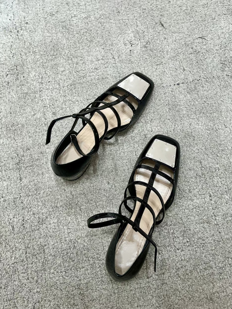 Sheepskin Version ~ Metal Buckle Patent Leather Square Toe Cut Out Thick Heel Mary Jane Shoes for Women Summer New Genuine Leather High Heel Sandals