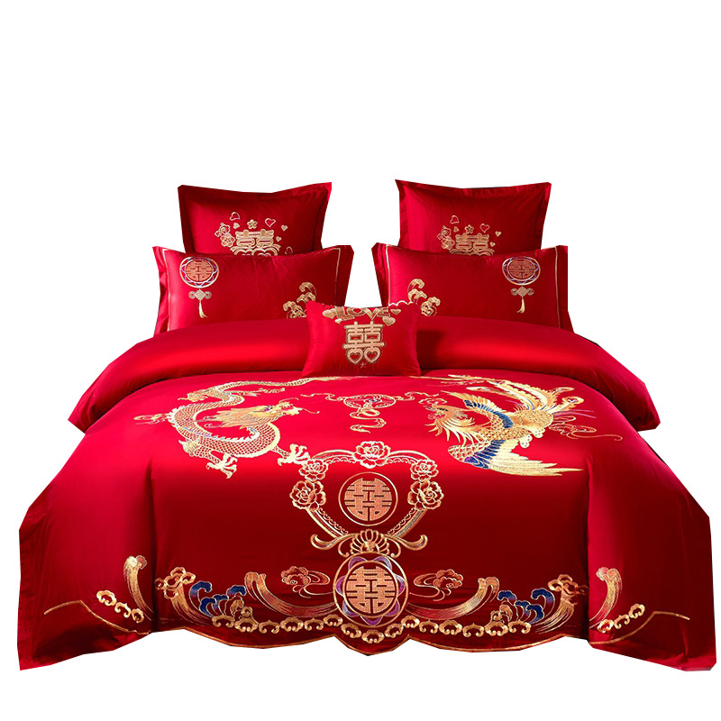Wedding Four-Piece Set Wedding Wedding Room Quilt Bed Sheet Dragon and Phoenix Embroidered Quilt Cover Wedding Big Red Bedding